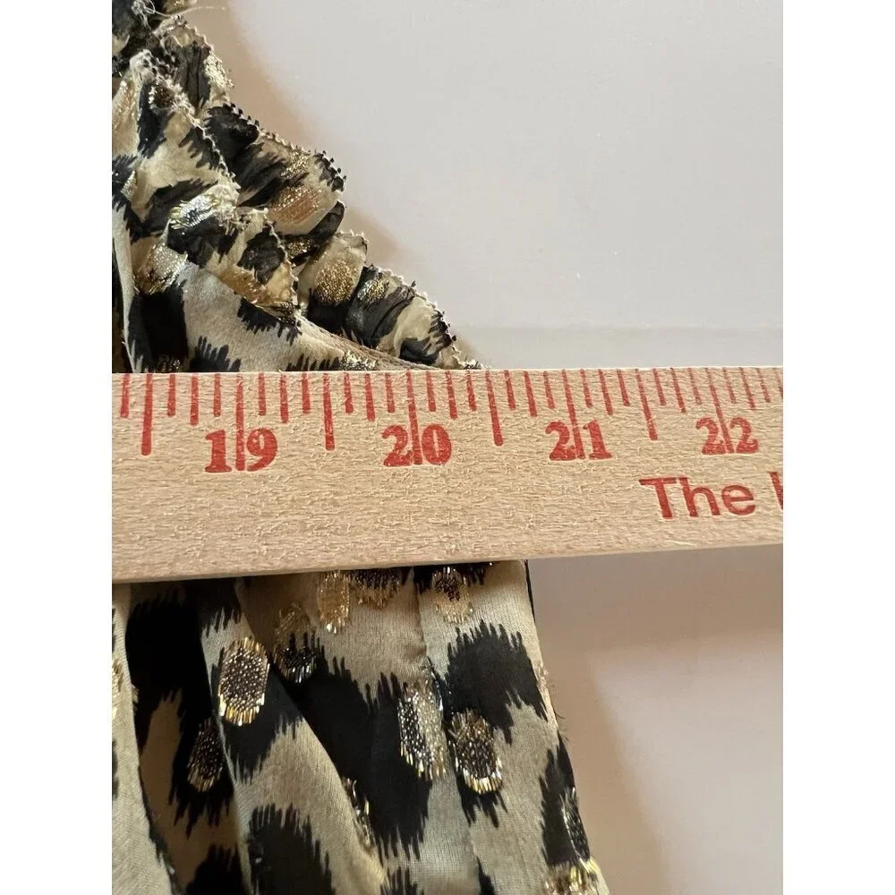 KATE SPADE leopard animal print metallic ruffle sleeveless blouse peplum tie L
